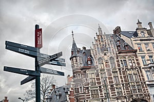 Tourist signpost in center of Brussels, Belgium