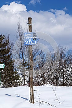 Tourist signs. Winter landscape, Racos.