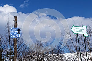 Tourist signs. Winter landscape, Racos.