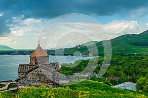 Tourist site of Armenia Sevanavank Monastery on the shore of Lake
