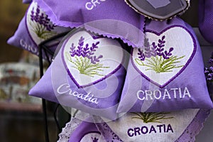 Tourist souvenirs - fragrant lilac bags with lavender, Croatia. Gifts from travel