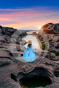 Tourist standing at Sam Phan Bok in Ubon Ratchathani, Thailand. Grand canyon of Thailand