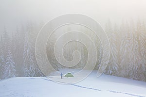 Tourist stands on the path next to the green tent. Fantastic fog covers the forest in the cold winter day. Mountain landscapes