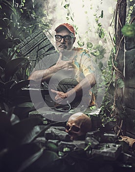 Tourist stealing an ancient sculpture in the forest