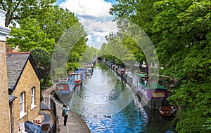 Tourist strolling and taking pictures at Little Venice, Paddington, Regent`s Canal