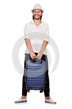 Tourist with suitcase isolated on white
