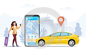 Tourist with a suitcase using a ride hailing app photo