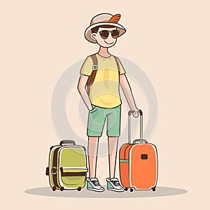 Tourist with suitcase vector illustration in cartoon style. Summer vacation concept.