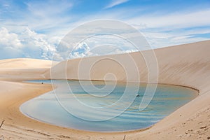 Tourist swimming at the LenÃ§Ã³is Maranhenses National Park, one of the main touristic destination in Brasil