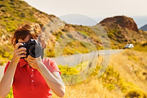 Tourist take photo on nature Mani Greece