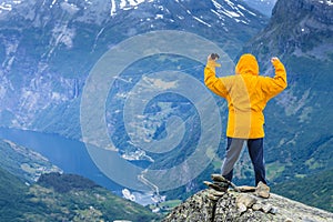 Tourist taking photo from Dalsnibba viewpoint Norway