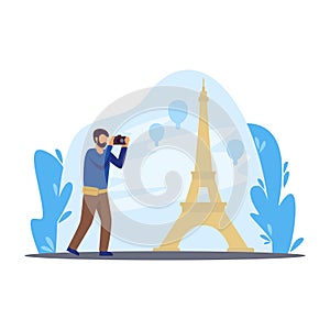 Tourist taking photo and discovering Paris color 2d vector graphic