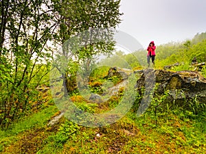 Tourist taking photo in mountains Norway