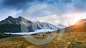 Tourist taking in Skaftafell glacier, Vatnajokull National Park in Iceland