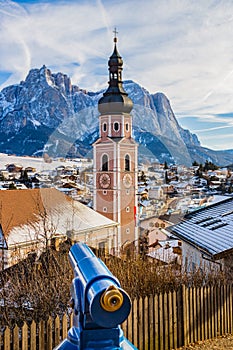 Tourist telescope on Italian village