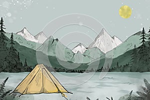 tourist tent in camping in mountains at night under the moon. Generative AI