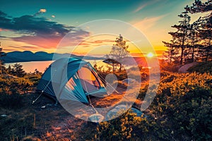Tourist tent camping at sunset