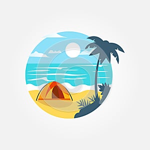 Tourist tent camping on tropical beach, coconut trees. Summer vacation coastline beach