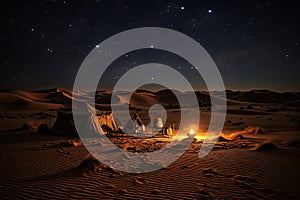 Tourist tent in the desert at night with starry sky, AI Generated