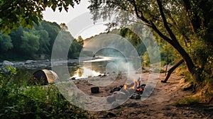 Tourist tent with a fire near the river in the summer green forest, outdoor activities. AI generated.
