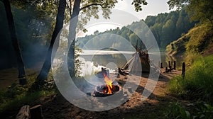 Tourist tent with a fire near the river in the summer green forest, outdoor activities. AI generated.
