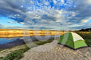 Tourist tent in forest camp