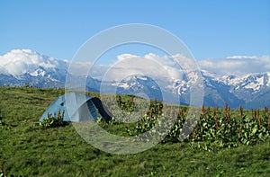 Tourist tent on the grass high in the mountains with beautiful rocky peaks covered with snow on the background