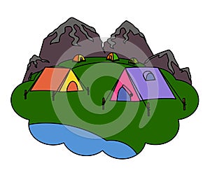 Tourist tent with mountains in the background. Rest at nature. Cartoon.Vector i