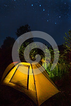 Tourist tent under starry sky and constellation ursa major. Some noise from high iso exists