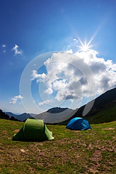 Tourist tents in camp among meadow in the mountain. Summer season, sunny day. The Alps, Italy, Europe.