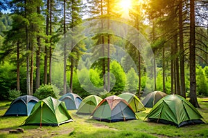 tourist tents in a clearing in the forest at sunset photo