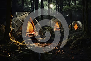 Tourist tents in the forest. Generative AI