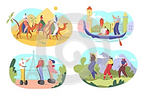 Tourist tour vector illustration set, cartoon flat active people riding camels, touring in Venetian gondola, enjoying