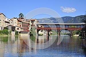Tourist town of `Bassano del Grappa` in Italy with Brenta river