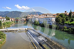 Tourist town of `Bassano del Grappa` in Italy with Brenta river