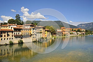 Tourist town of `Bassano del Grappa` in Italy with Brenta river