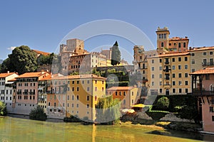 Tourist town of `Bassano del Grappa` in Italy with Brenta river