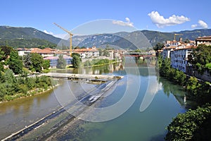 Tourist town of `Bassano del Grappa` in Italy with Brenta river