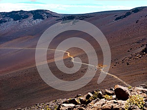 Tourist trail crossing a Valley near Haleakala Volcano