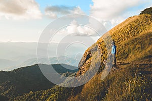 Tourist trail hiking in the forest Traveler Man Relax and crossing the mountain Traveler concept