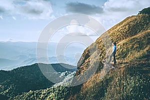 Tourist trail hiking in the forest Traveler Man Relax and crossing the mountain Traveler concept