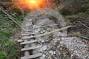 Tourist trail in mountain gorge Slovenky Raj