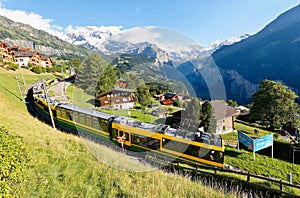 A tourist train travels on the railway thru Wengen village on a green grassy hillside with Jungfrau Mountain & Lauterbrunnen Valle