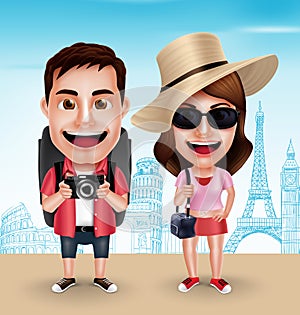 Tourist Traveler Couple Vector Characters Wearing Casual with Traveling Bags