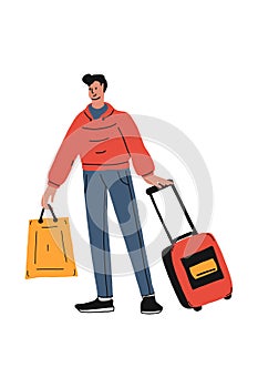 Tourist Traveler Man Vector Character Wearing Casual with Traveling Bags for Travel and Hiking Isolated in White