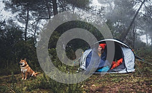 Tourist traveler relaxation red shiba inu in camp tent on background froggy forest, smile hiker woman with puppy dog in mist