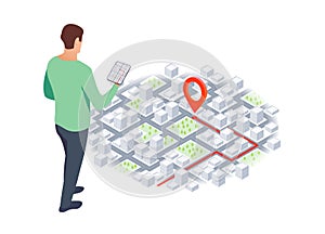 Tourist traveling using his smartphone to favorite places on map. Isometric gps navigation concept. City map route