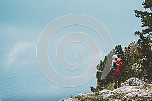 Tourist on trek mountains with backpack