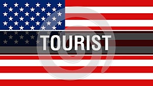 Tourist on a USA flag background, 3D rendering. United States of America flag waving in the wind. Proud American Flag Waving,