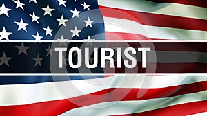 Tourist on a USA flag background, 3D rendering. United States of America flag waving in the wind. Proud American Flag Waving,